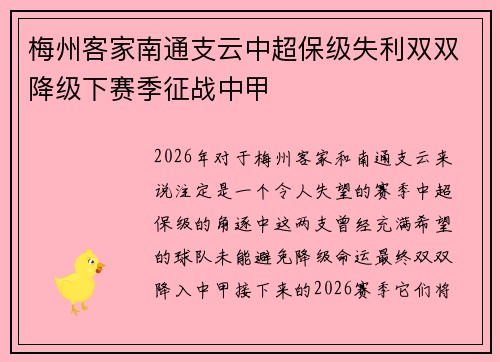 梅州客家南通支云中超保级失利双双降级下赛季征战中甲 梅州客家南通支云中超保级失利双双降级下赛季征战中甲